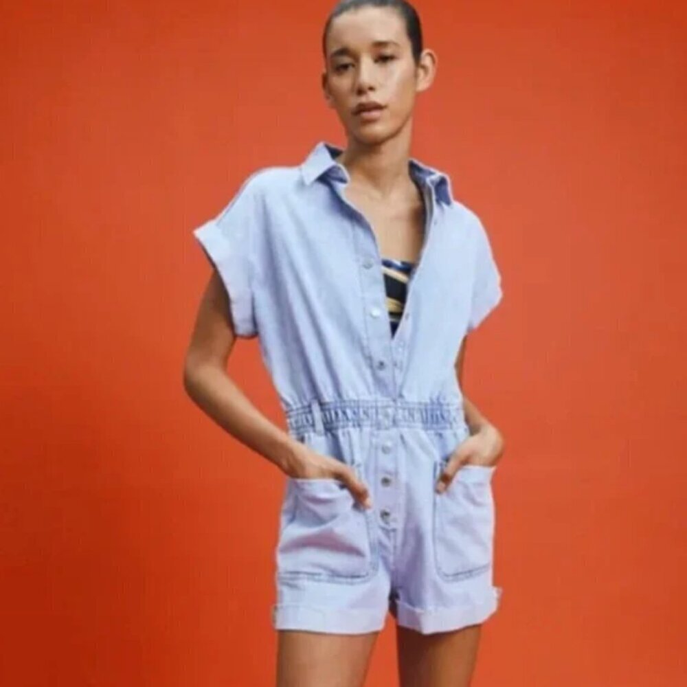 Zara Light Wash Denim Short Sleeve Romper Size Small​​​​
